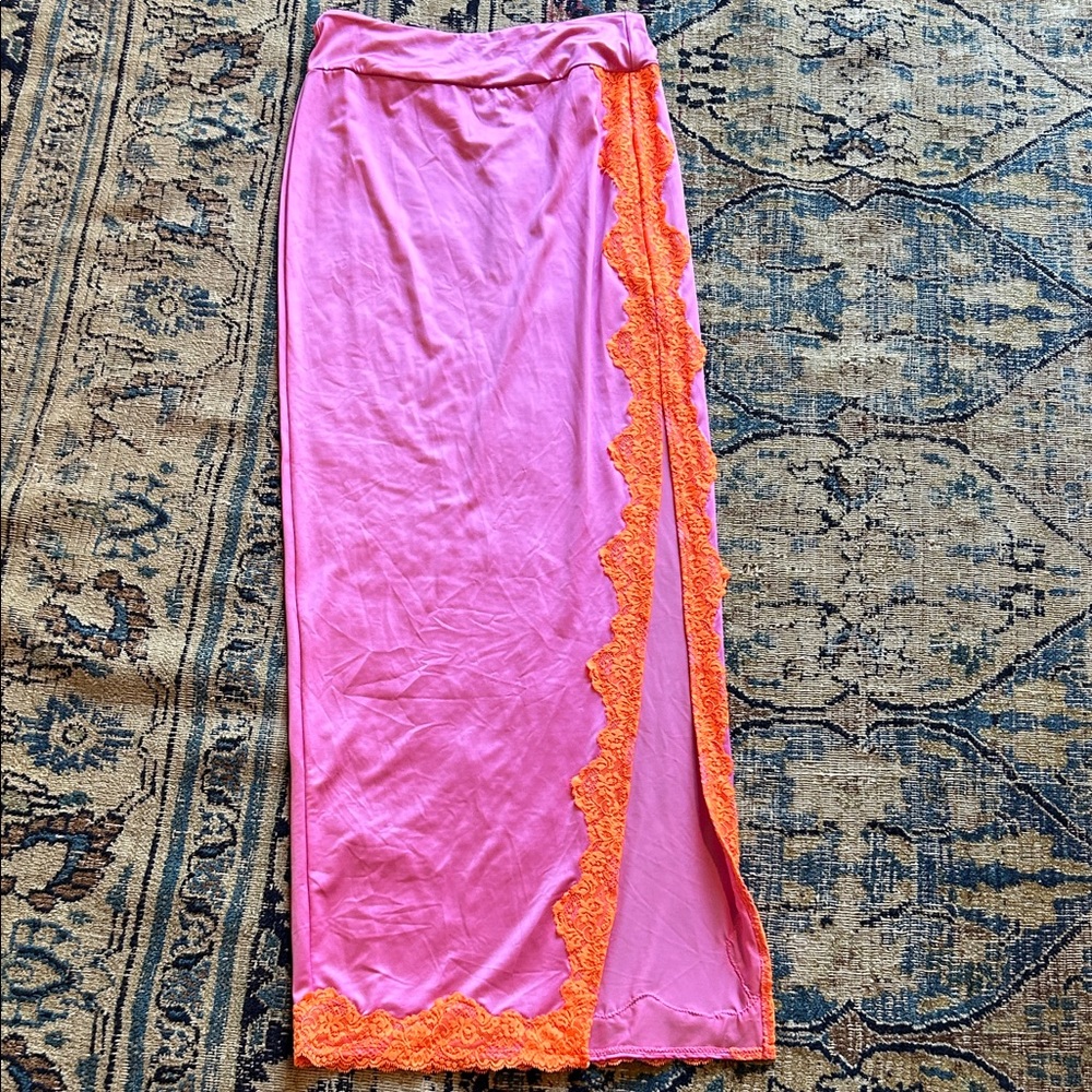 SKIMS Pink Maxi Slip Skirt with Orange Lace Side Panel